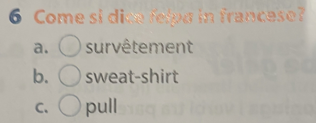 Come si dice felpa in francese?
a. survêtement
b. sweat-shirt
C、 pull