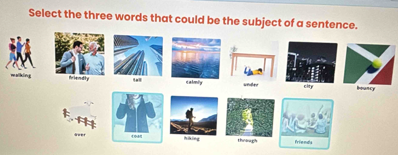 Select the three words that could be the subject of a sentence.
walking friendly all calmly under city bouncy
erhiking through