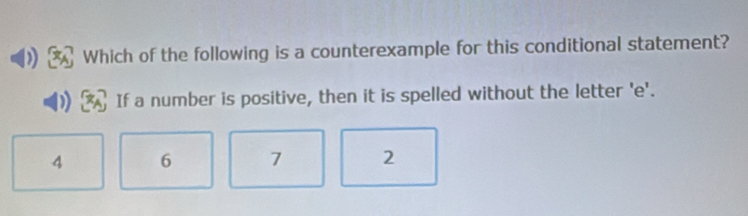 Which of the following is a counterexample for this conditional statement?
If a number is positive, then it is spelled without the letter 'e'.
4 6 7 2