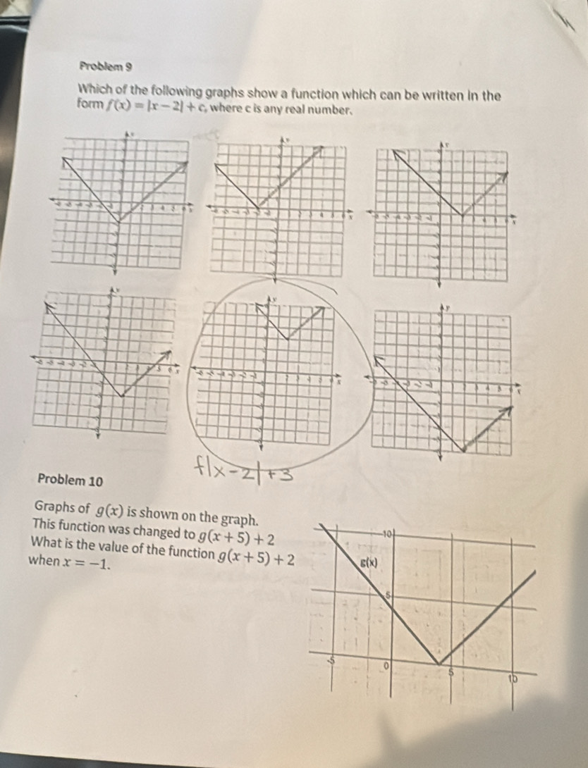 Problem 9 
Which of the following graphs show a function which can be written in the 
form f(x)=|x-2|+c where c is any real number. 


Problem 10 
Graphs of g(x) is shown on the graph. 
This function was changed to g(x+5)+2
What is the value of the function g(x+5)+2
when x=-1.