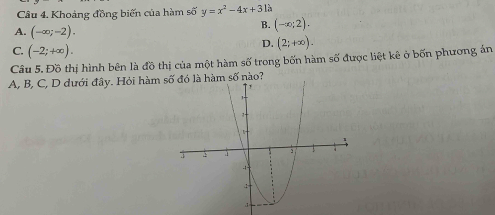 Khoảng đồng biến của hàm số y=x^2-4x+3 là
A. (-∈fty ;-2).
B. (-∈fty ;2).
C. (-2;+∈fty ).
D. (2;+∈fty ). 
Câu 5. Đồ thị hình bên là đồ thị của một hàm số trong bốn hàm số được liệt kê ở bốn phương án
A, B, C, D dưới đây. Hỏi hàm số đó là hàm số nào?