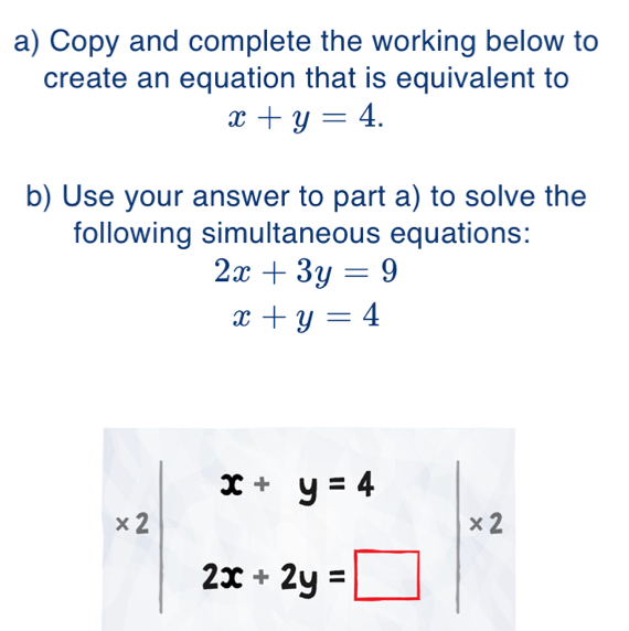 Copy and complete the working below to 
create an equation that is equivalent to
x+y=4. 
b) Use your answer to part a) to solve the 
following simultaneous equations:
2x+3y=9
x+y=4
x2|beginarrayr x+y=4 2x+2y=□ endarray |* 2