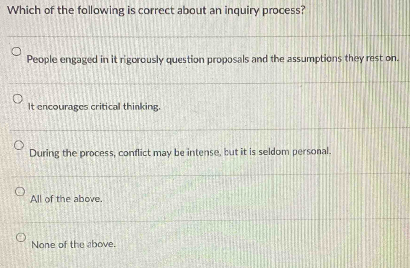 Which of the following is correct about an inquiry process?
People engaged in it rigorously question proposals and the assumptions they rest on.
It encourages critical thinking.
During the process, conflict may be intense, but it is seldom personal.
All of the above.
None of the above.