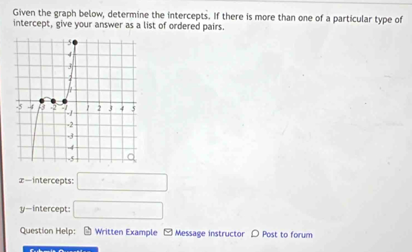 Given the graph below, determine the intercepts. If there is more than one of a particular type of 
intercept, give your answer as a list of ordered pairs. 
x-intercepts: □ 
y-intercept: □ 
Question Help: Written Example Message instructor D Post to forum