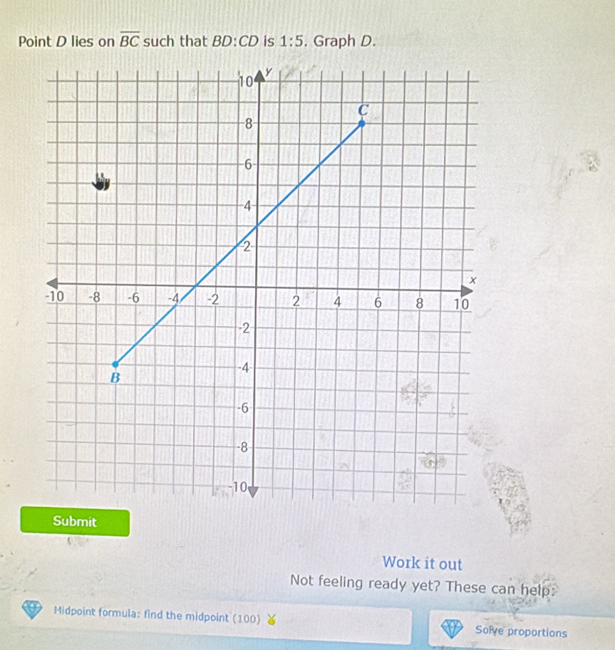 Point D lies on overline BC such that BD:CD is 1:5. Graph D. 
Submit 
Work it out 
Not feeling ready yet? These can help: 
Midpoint formula: find the midpoint (100) Solve proportions