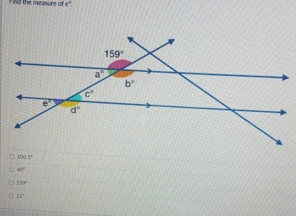 Find the measure of e°.
100.5°
60°
159°
21°