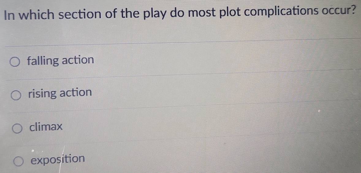 Solved: In which section of the play do most plot complications occur ...