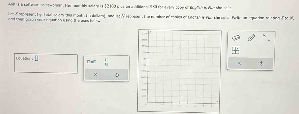 Ann is a software saleswoman. Her monthly salary is $2100 plus an additional $80 for every copy of English is Fun she sells. 
Let S represent her total salary this month (in dollars), and let N represent the number of copies of English is Fun she sells. Write an equation relating S to N, 
and then graph your equation using the axes below. 
Equation: □
□ =□  □ /□   
× 5 
×