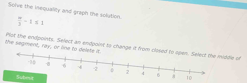 Solve the inequality and graph the solution.
 w/3 -1≤ 1
Plot the endpoints. Select an endpoint to change it from ddle of 
the segment, ray, or line to del