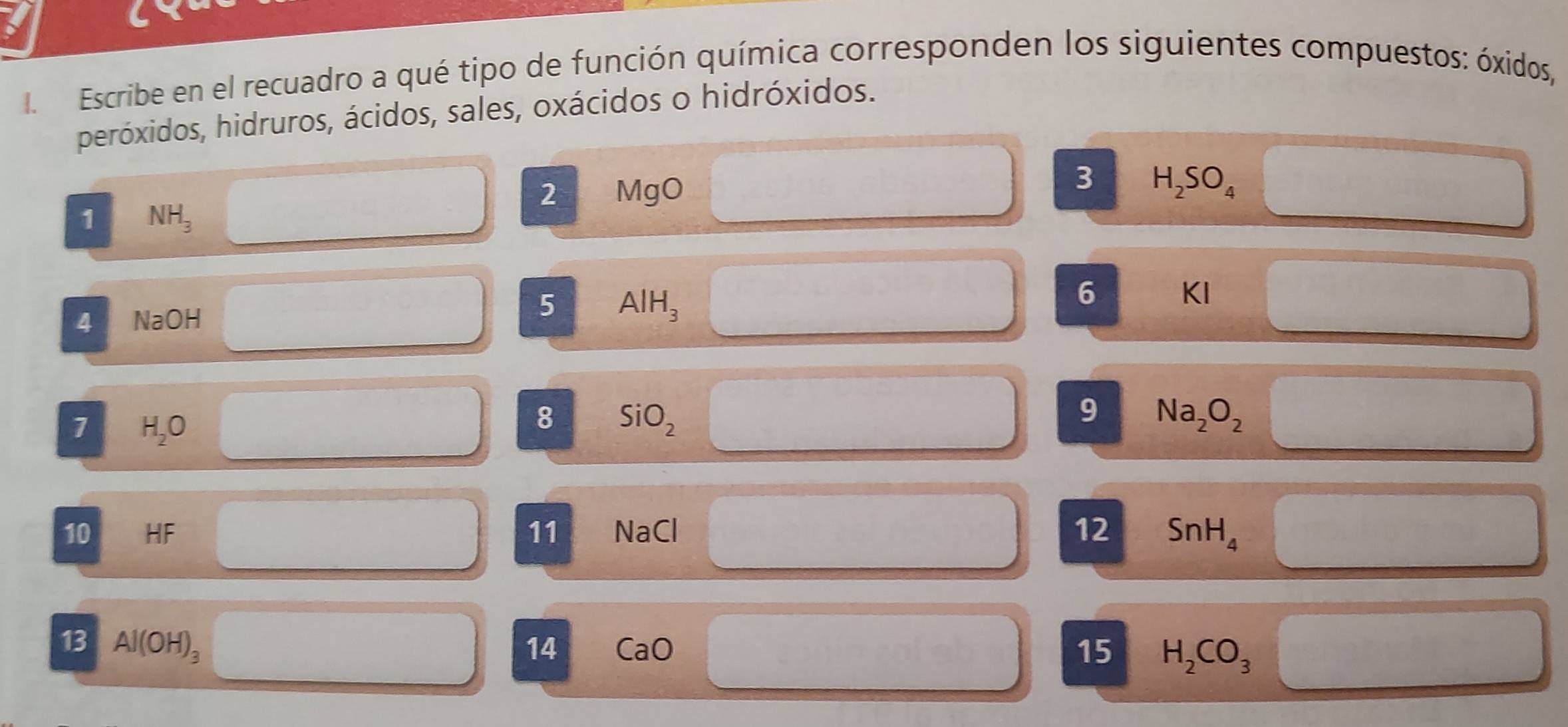 Escribe en el recuadro a qué tipo de función química corresponden los siguientes compuestos: óxidos, 
peróxidos, hidruros, ácidos, sales, oxácidos o hidróxidos.
2 MgO 3 H_2SO_4
1 NH_3
4 NaOH
5 AlH_3
6 KI
1 H_2O
8 SiO_2
9 Na_2O_2
10 HF 11 NaCl 12 SnH_4
13 Al(OH)_3 14 CaO 15 H_2CO_3
□