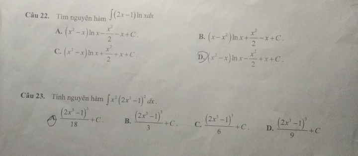 Tìm nguyên hàm ∈t (2x-1)ln xdx
A. (x^2-x)ln nx- x^2/2 -x+C. B. (x-x^2)ln x+ x^2/2 -x+C.
C. (x^2-x)ln x+ x^2/2 +x+C.
D. (x^2-x)ln x- x^2/2 +x+C. 
Câu 23. Tính nguyên hàm ∈t x^2(2x^3-1)^2dx.
frac (2x^3-1)^318+C. B. frac (2x^3-1)^33+C. C. frac (2x^3-1)^36+C. D. frac (2x^3-1)^39+C