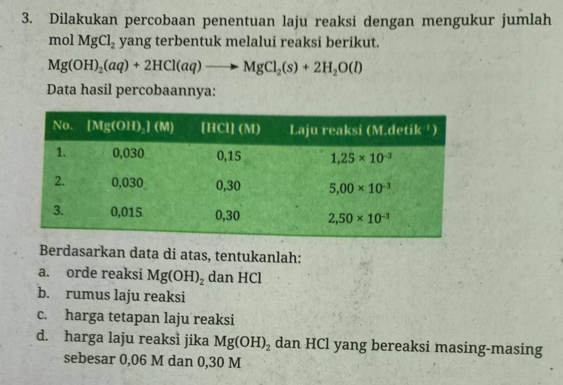 Dilakukan percobaan penentuan laju reaksi dengan mengukur jumlah
mol MgCl_2 yang terbentuk melalui reaksi berikut.
Mg(OH)_2(aq)+2HCl(aq)to MgCl_2(s)+2H_2O(l)
Data hasil percobaannya:
Berdasarkan data di atas, tentukanlah:
a. orde reaksi Mg(OH)_2 dan HCl
b. rumus laju reaksi
c. harga tetapan laju reaksi
d. harga laju reaksi jika Mg(OH)_2 dan HCl yang bereaksi masing-masing
sebesar 0,06 M dan 0,30 M