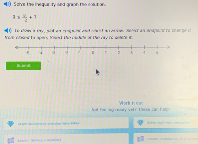 Solve the inequality and graph the solution.
9≤  g/-2 +7
a To draw a ray, plot an endpoint and select an arrow. Select an endpoint to change it 
from closed to open. Select the middle of the ray to delete it. 
Submit 
Work it out 
Not feeling ready yet? These can help: 
Graph splutions to one-step inequalities Solve multi-step inequalities 
Lesson: Saliving inca lates Lesson: Inequalities on a numbe