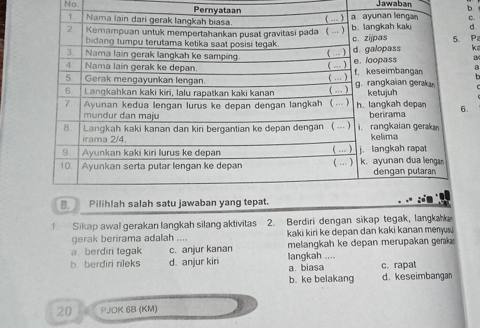 Jawaban
No. Pernyataan
b.
C.
d
Pa
ka
a
a
b
(
1. Sikap awal gerakan langkah silang aktivitas 2. Berdiri dengan sikap tegak, langkahka
gerak berirama adalah .... kaki kiri ke depan dan kaki kanan menyus
a. berdiri tegak c. anjur kanan melangkah ke depan merupakan geraka
b berdiri rileks d. anjur kiri langkah ....
a. biasa c. rapat
b. ke belakang d. keseimbangan
20 PJOK 6B (KM)