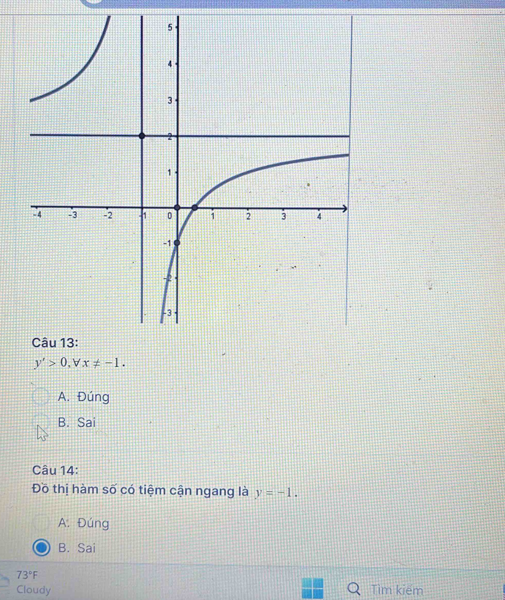 y'>0 , b x!= -1.
A. Đúng
B. Sai
Câu 14:
Đồ thị hàm số có tiệm cận ngang là y=-1. 
A. Đúng
B. Sai
73°F
Cloudy Tìm kiếm