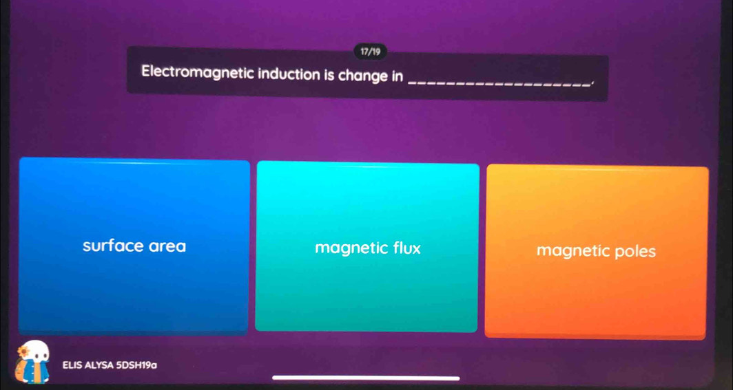 17/19
Electromagnetic induction is change in_
surface area magnetic flux magnetic poles
ELIS ALYSA 5DSH19a