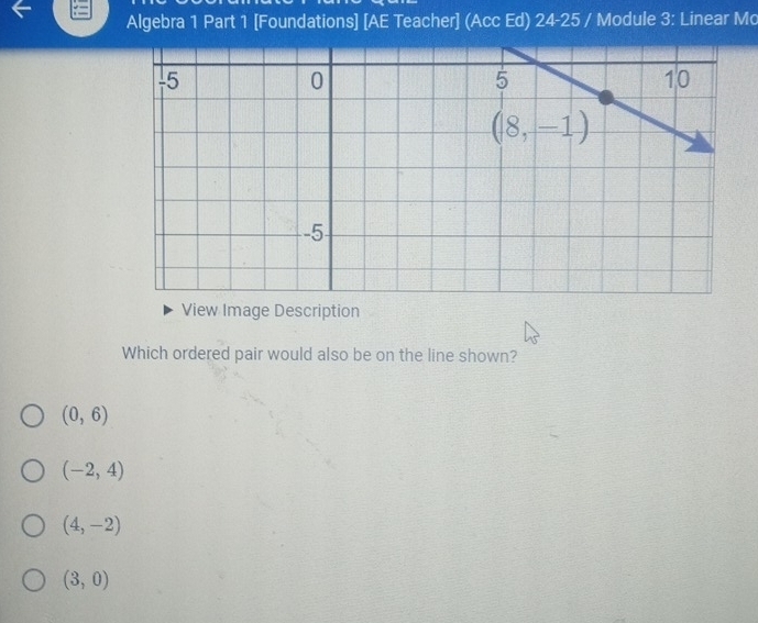 Algebra 1 Part 1 [Foundations] [AE Teacher] (Acc Ed) 24-25 / Module 3: Linear Mc
View Image Description
Which ordered pair would also be on the line shown?
(0,6)
(-2,4)
(4,-2)
(3,0)