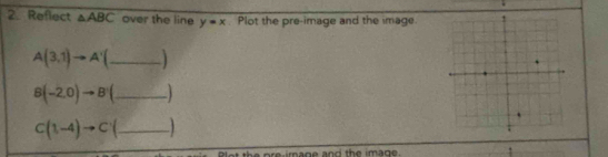 Reflect △ ABC over the line y=x Plot the pre-image and the image
A(3,1)to A'( _
B(-2,0)to B'( (_ ) _ 
_ C(1,-4)to C(_ )
pre image and the image.