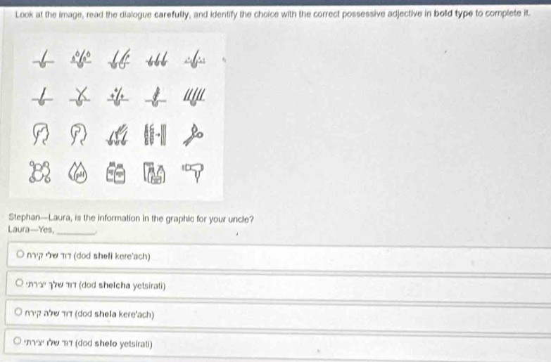 Look at the image, read the dialogue carefully, and identify the choice with the correct possessive adjective in bold type to complete it.
Stephan—Laura, is the information in the graphic for your uncle?
Laura—Yes,_
πφ ∀ν πι7 (dod shell kere'ach)
γα ν π (dod shelcha yetsirati)
πγク аν πτ (dod shela kere'ach)
γッ ήνπτ (dod shelo yetsirati)