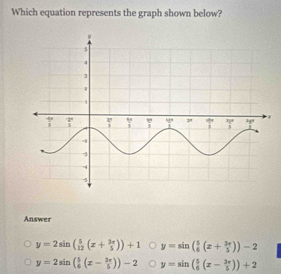 Which equation represents the graph shown below?
Answer
y=2sin ( 5/12 (x+ 3π /5 ))+1 y=sin ( 5/6 (x+ 3π /5 ))-2
y=2sin ( 5/6 (x- 3π /5 ))-2 y=sin ( 5/6 (x- 3π /5 ))+2