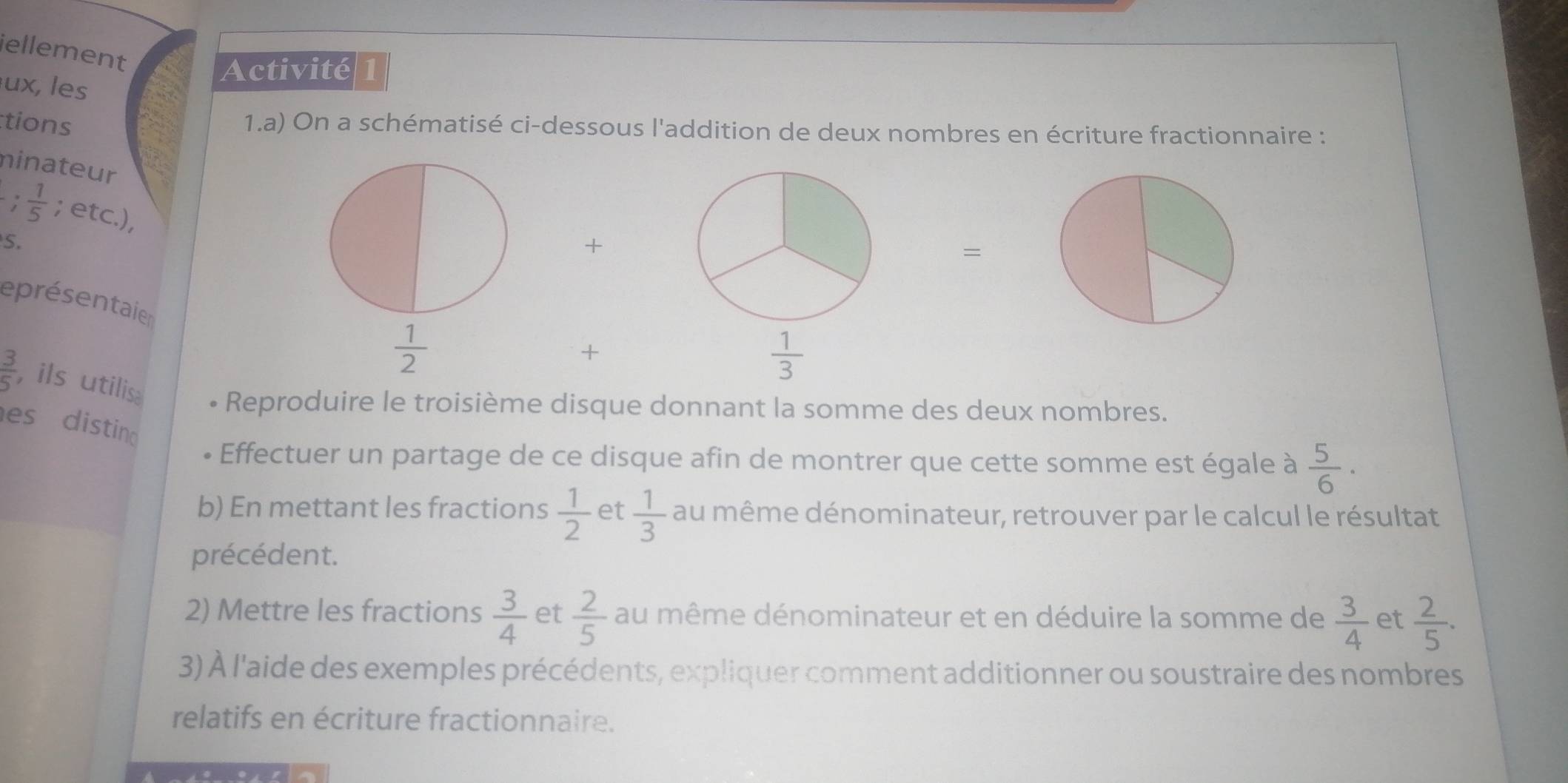 iellement
Activité 1
ux, les
tions
1.a) On a schématisé ci-dessous l'addition de deux nombres en écriture fractionnaire :
minateur; 1/5 ; etc.),
S.
+
=
eprésentaier
+
 1/3 
 3/5  ils utilis
Reproduire le troisième disque donnant la somme des deux nombres.
es distin
+ Effectuer un partage de ce disque afin de montrer que cette somme est égale à  5/6 ·
b) En mettant les fractions  1/2  et  1/3  au même dénominateur, retrouver par le calcul le résultat
précédent.
2) Mettre les fractions  3/4  et  2/5  au même dénominateur et en déduire la somme de  3/4  et  2/5 .
3) À l'aide des exemples précédents, expliquer comment additionner ou soustraire des nombres
relatifs en écriture fractionnaire.