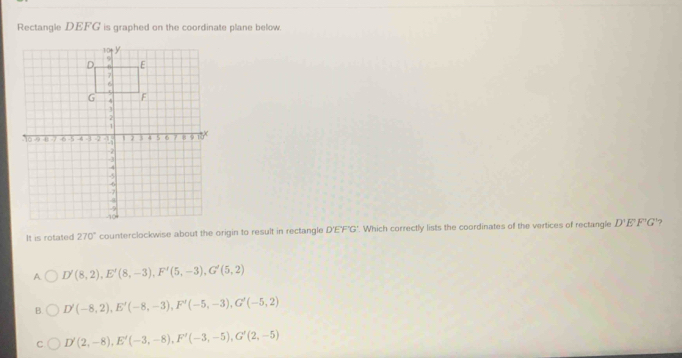 Rectangle DEFG is graphed on the coordinate plane below.
It is rotated 270° counterclockwise about the origin to result in rectangle D'E'F'G'. Which correctly lists the coordinates of the vertices of rectangle D'E'F'G' ?
A D'(8,2), E'(8,-3), F'(5,-3), G'(5,2)
B. D'(-8,2), E'(-8,-3), F'(-5,-3), G'(-5,2)
C D'(2,-8), E'(-3,-8), F'(-3,-5), G'(2,-5)