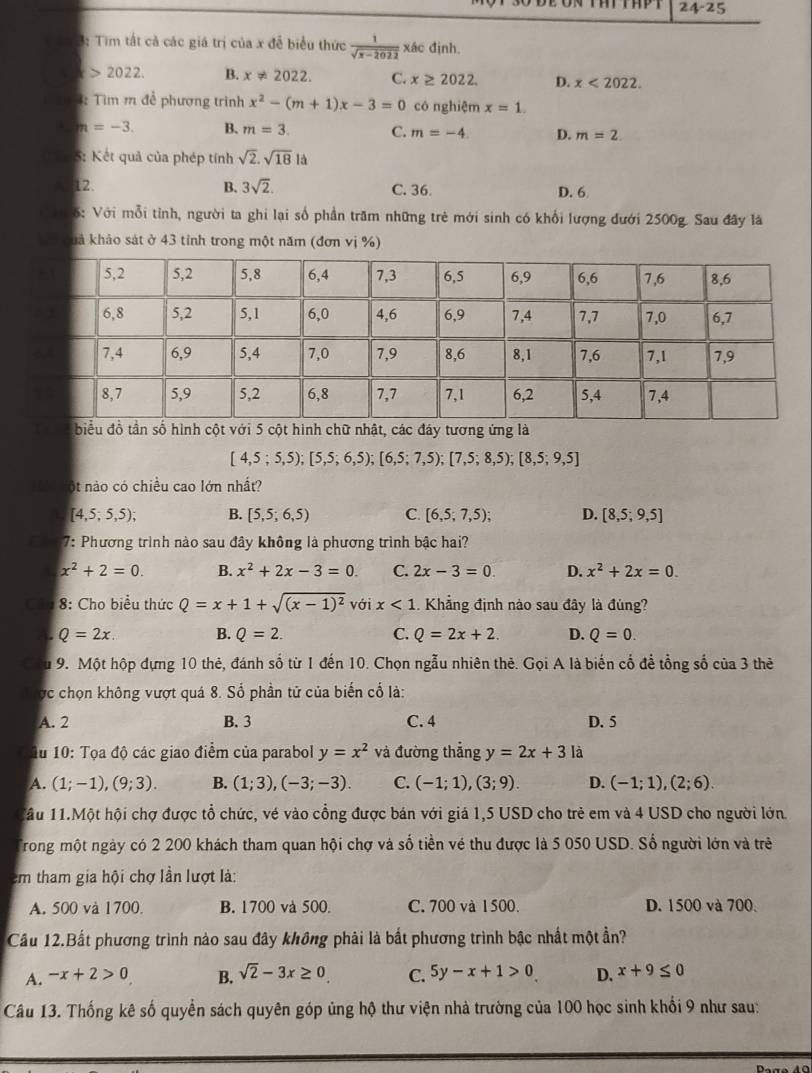 24· 25
*    3: Tìm tất cả các giá trị của x đễ biểu thức  1/sqrt(x-2022)  xác định.
x>2022. B. x!= 2022. C. x≥ 2022. D. x<2022.
*   4: Tìm m đề phương trình x^2-(m+1)x-3=0 có nghiệm x=1.
m=-3. B. m=3. C. m=-4. D. m=2
5: Kết quả của phép tính sqrt(2).sqrt(18) là
A 12. B. 3sqrt(2). C. 36 D. 6
6: Với mỗi tỉnh, người ta ghi lại số phần trăm những trẻ mới sinh có khổi lượng đưới 2500g. Sau đây là
T Quả khảo sát ở 43 tỉnh trong một năm (đơn vị %)
T  biểu n số hình cột với 5 cột hình chữ nhật, các đáy tương ứng là
[4,5;5,5);[5,5;6,5);[6,5;7,5);[7,5;8,5);[8,5;9,5]
M nột nào có chiều cao lớn nhất?
[4,5,5,5); B. [5,5;6,5) C. [6,5,7,5); D. [8,5;9,5]
*0  7: Phương trình nào sau đây không là phương trình bậc hai?
x^2+2=0. B. x^2+2x-3=0. C. 2x-3=0. D. x^2+2x=0.
Cho 8: Cho biểu thức Q=x+1+sqrt((x-1)^2) với x<1</tex> . Khẳng định nào sau đây là đùng?
A. Q=2x. B. Q=2. C. Q=2x+2. D. Q=0.
Cầu 9. Một hộp dựng 10 thẻ, đánh số từ 1 đến 10. Chọn ngẫu nhiên thẻ. Gọi A là biến cố để tổng số của 3 thẻ
Tực chọn không vượt quá 8. Số phần tử của biến cổ là:
A. 2 B. 3 C. 4 D. 5
1ừ 10: Tọa độ các giao điểm của parabol y=x^2 và đường thẳng y=2x+3la
A. (1;-1),(9;3). B. (1;3),(-3;-3). C. (-1;1),(3;9). D. (-1;1),(2;6).
1ầu 11.Một hội chợ được tổ chức, vé vào cổng được bán với giả 1,5 USD cho trẻ em và 4 USD cho người lớn
Trong một ngày có 2 200 khách tham quan hội chợ và số tiền về thu được là 5 050 USD. Số người lớn và trẻ
em tham gia hội chợ lần lượt là:
A. 500 và 1700. B. 1700 và 500. C. 700 và 1500. D. 1500 và 700
Câu 12.Bất phương trình nào sau đây không phải là bắt phương trình bậc nhất một ần?
A. -x+2>0 B. sqrt(2)-3x≥ 0 C. 5y-x+1>0 D. x+9≤ 0
Câu 13. Thống kê số quyển sách quyên góp ủng hộ thư viện nhà trường của 100 học sinh khối 9 như sau: