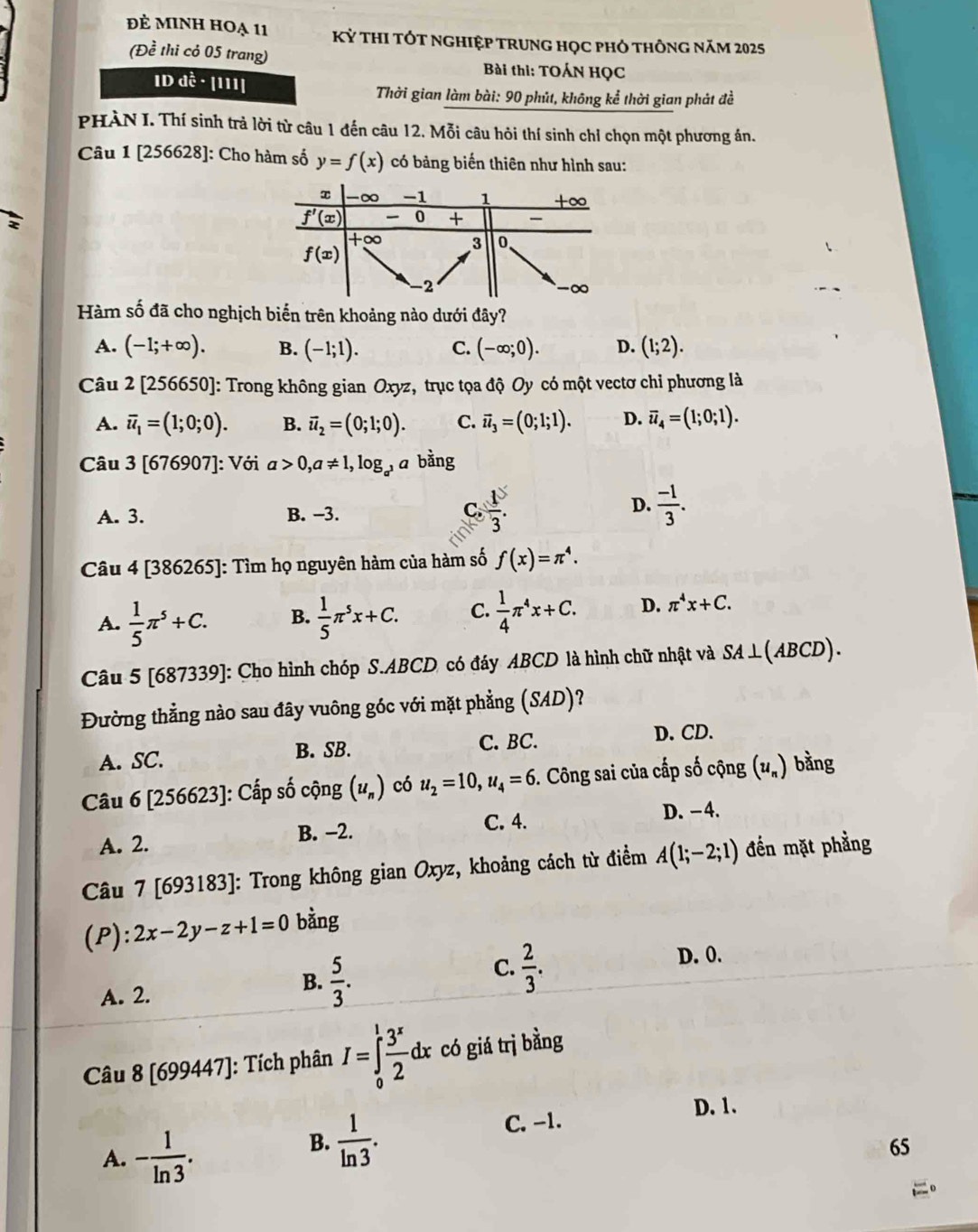 đẻ minh hoạ 11 Kỳ tHI tÓT ngHIệp trunG học pHỏ thông năm 2025
(Đề thi cỏ 05 trang)
Bài thi: TOÁN HỌC
ID đề · [111]  Thời gian làm bài: 90 phút, không kể thời gian phát đề
PHÀN I. Thí sinh trả lời từ câu 1 đến câu 12. Mỗi câu hỏi thí sinh chỉ chọn một phương án.
Câu 1 [256628]: Cho hàm số y=f(x) có bảng biến thiên như hình sau:
Hàm số đã cho nghịch biến trên khoảng nào dưới đây?
A. (-1;+∈fty ). B. (-1;1). C. (-∈fty ;0). D. (1;2).
Câu 2 [256650]: Trong không gian Oxyz, trục tọa độ Oy có một vectơ chi phương là
A. overline u_1=(1;0;0). B. vector u_2=(0;1;0). C. vector u_3=(0;1;1). D. overline u_4=(1;0;1).
Câu 3 [676907]: Với a>0,a!= 1,log _a^3 a bằng
D.
A. 3. B. −3. C  1/3 .  (-1)/3 .
Câu 4 [386265]: Tìm họ nguyên hàm của hàm số f(x)=π^4.
A.  1/5 π^5+C. B.  1/5 π^5x+C. C.  1/4 π^4x+C. D. π^4x+C.
Câu 5 [687339]: Cho hình chóp S.ABCD có đáy ABCD là hình chữ nhật và SA⊥ (ABCD).
Đường thẳng nào sau đây vuông góc với mặt phẳng (SAD)?
D. CD.
B. SB.
A. SC. C. BC.
Câu 6 [256623]: Cấp số cộng (u_n) có u_2=10,u_4=6 -. Công sai của cấp số cộng (u_n ) bằng
A. 2. B. -2. C. 4.
D. - 4.
Câu 7 [693183]: Trong không gian Oxyz, khoảng cách từ điểm A(1;-2;1) đến mặt phằng
(P): 2x-2y-z+1=0 bằng
A. 2.
B.  5/3 .
C.  2/3 . D. 0.
Câu 8 [699447]: Tích phân I=∈tlimits _0^(1frac 3^x)2dx có giá trị bằng
D. 1.
C. −1.
A. - 1/ln 3 .
B.  1/ln 3 .
65
。