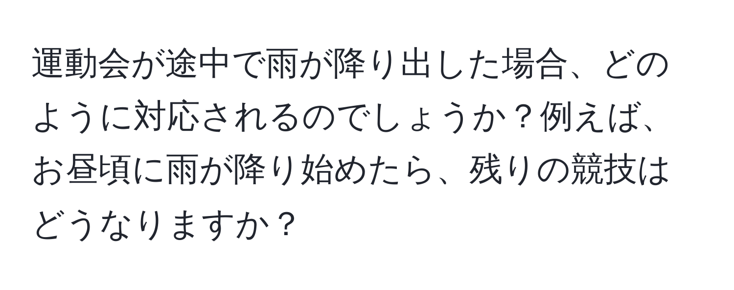 運動会が途中で雨が降り出した場合、どのように対応されるのでしょうか？例えば、お昼頃に雨が降り始めたら、残りの競技はどうなりますか？