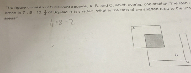 The figure consists of 3 different squares, A, B, and C, which overlap one another. The ratio 
areas is 7:8: 10.  1/4  of Square B is shaded. What is the ratio of the shaded area to the uns 
areas?