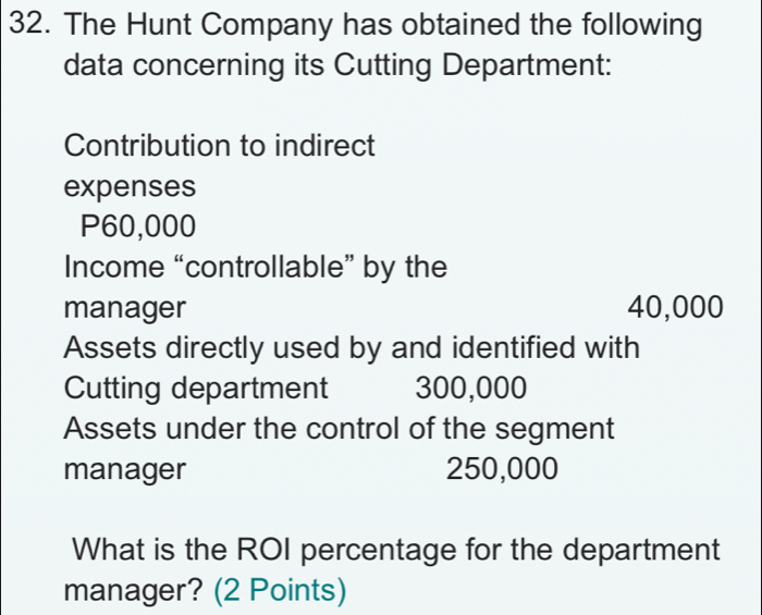 The Hunt Company has obtained the following 
data concerning its Cutting Department: 
Contribution to indirect 
expenses
P60,000
Income “controllable” by the 
manager 40,000
Assets directly used by and identified with 
Cutting department 300,000
Assets under the control of the segment 
manager 250,000
What is the ROI percentage for the department 
manager? (2 Points)