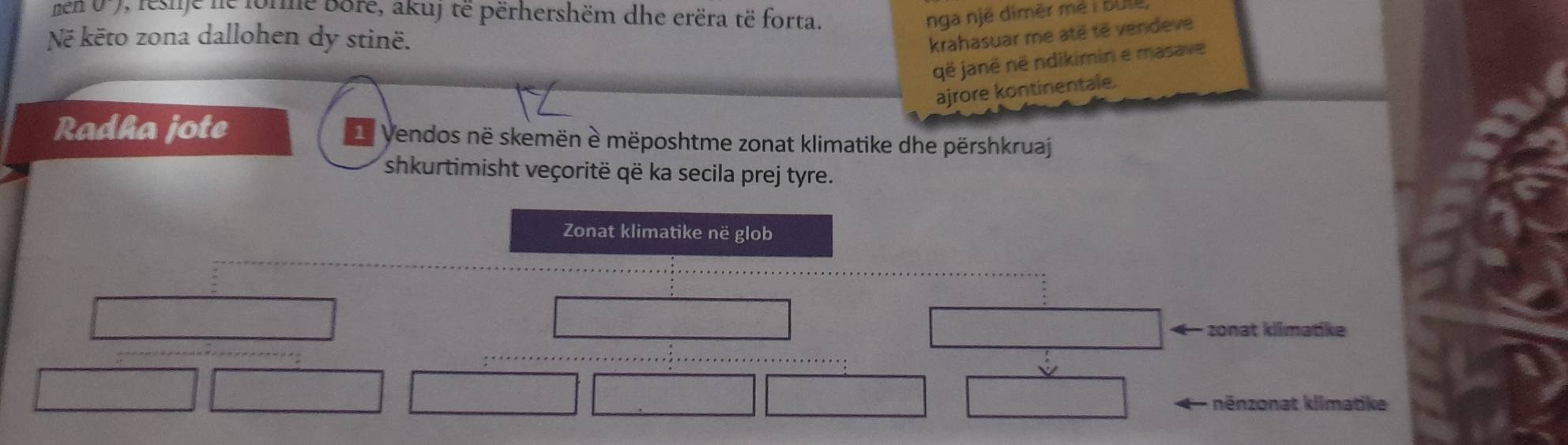 nen 0'), fesije le forme Bore, akuj të përhershëm dhe erëra të forta. nga një diměr mé ibule 
Në këto zona dallohen dy stinë. 
krahasuar me até té vendeve 
që janë në ndikimin e masave 
ajrore kontinentale. 
Radha jote Vendos në skemën è mëposhtme zonat klimatike dhe përshkruaj 
shkurtimisht veçoritë që ka secila prej tyre. 
Zonat klimatike në glob 
zonat klimatike 
nénzonat klimatike