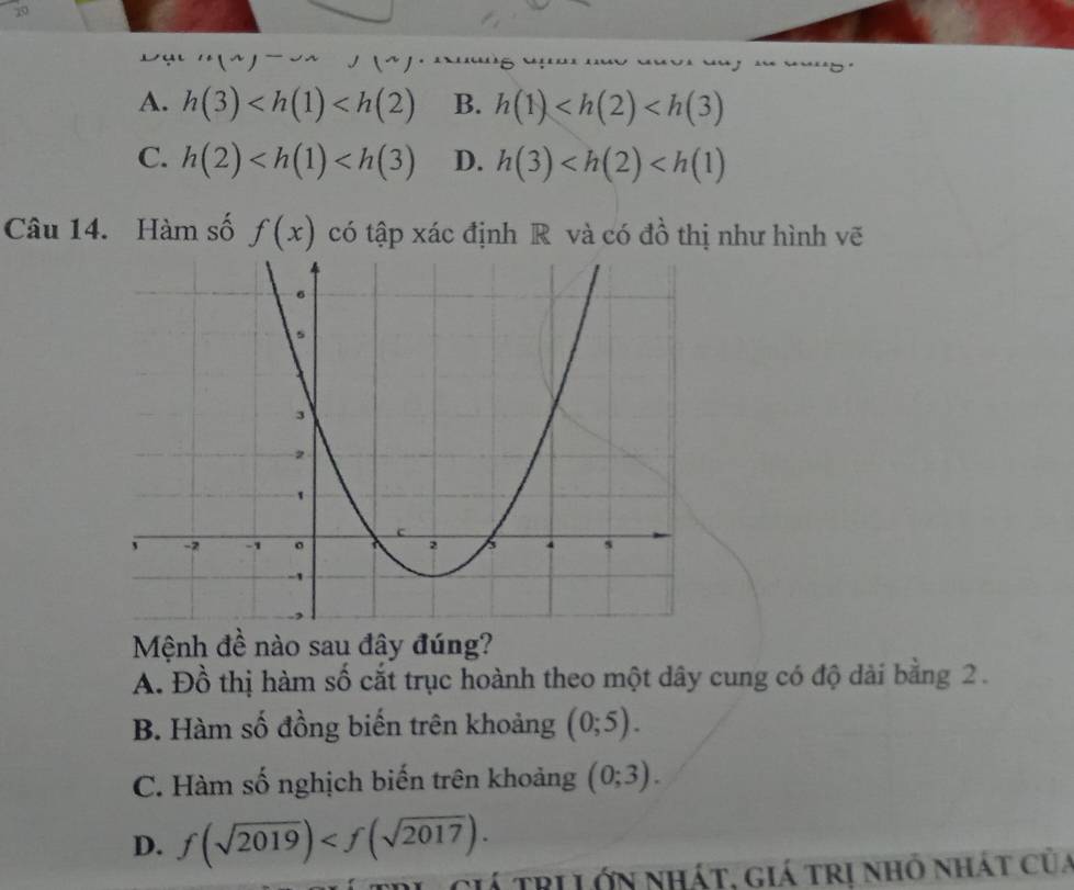 39
( ~ / · ·~ ' 6 º'
A. h(3) B. h(1)
C. h(2) D. h(3)
Câu 14. Hàm số f(x) có tập xác định R và có đồ thị như hình vẽ
Mệnh đề nào sau đây đúng?
A. Đồ thị hàm số cắt trục hoành theo một dây cung có độ dài bằng 2.
B. Hàm số đồng biến trên khoảng (0;5).
C. Hàm số nghịch biến trên khoảng (0;3).
D. f(sqrt(2019)) . 
Tá triLớn nhát, giá trị nhỏ nhát của