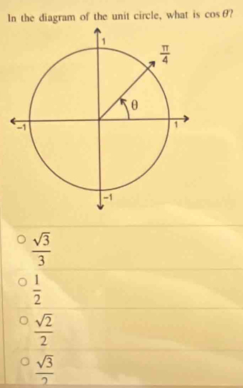 In the diagram of the unit circle, what is cos θ 2
 sqrt(3)/3 
 1/2 
 sqrt(2)/2 
 sqrt(3)/2 