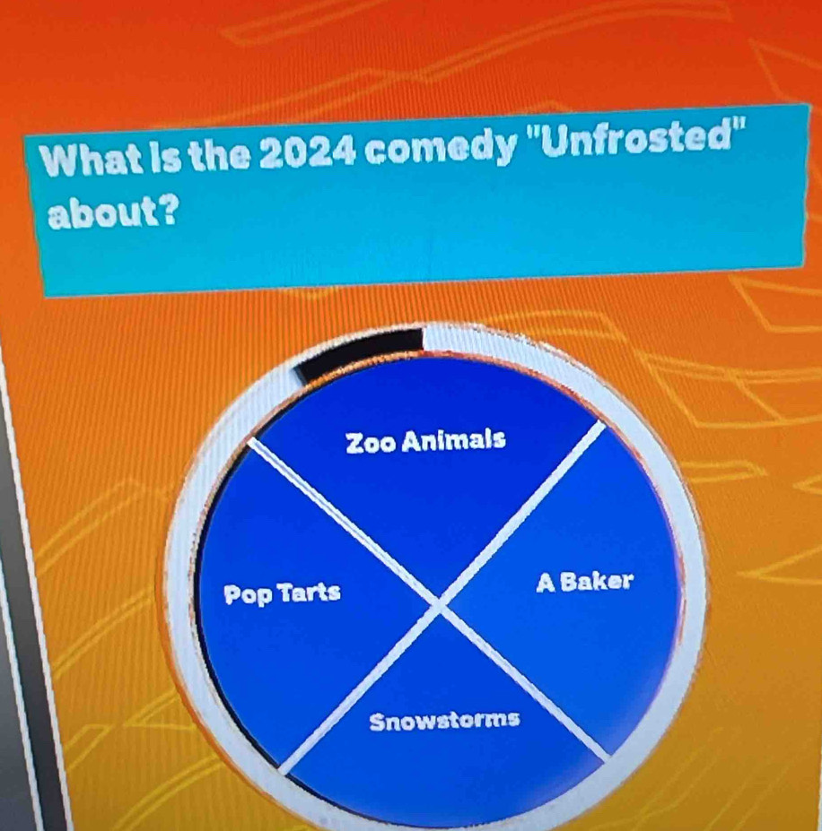 What is the 2024 comedy ''Unfrosted''
about?
Zoo Animals
Pop Tarts A Baker
Snowstorms