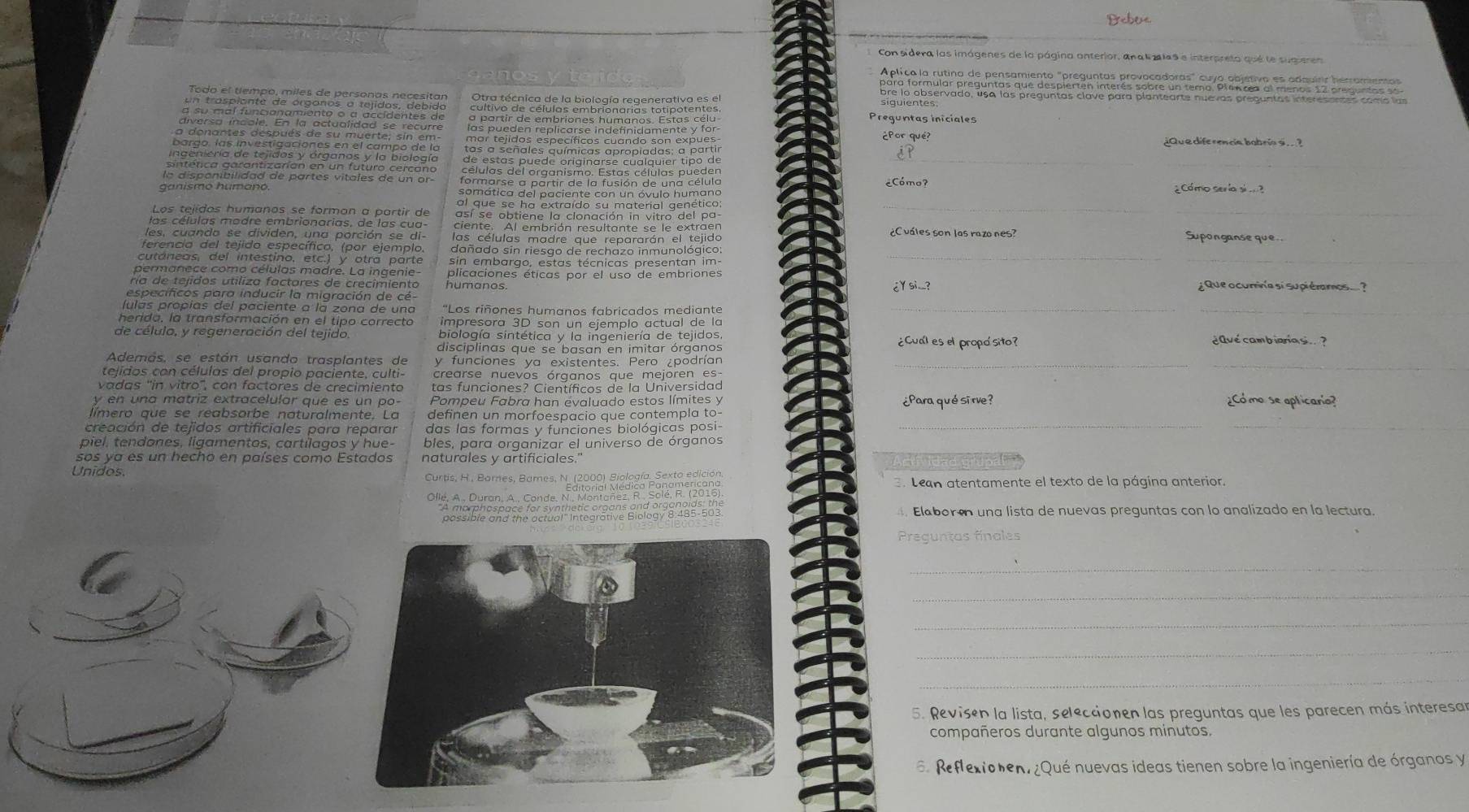 Prebue
Con sidera las imágenes de la página anterior, ana li z las e interpreto que le suquerea
Todo el tiempo, miles de personas necesitan Otra técnica de la biología regenerativa es el
suluva da células em brionarias ratina t e ntra Preguntas iniciales
diversa incale. En la actualidad se recurre
a donantes después de su muerte; sin em las pueden replicarse indefinidamente y for
¿Por qué?
ngc ia de eglacs y organal 99a bi lóg la
¿Que dife rencia babría s. 
sinténica garantizarían en un futuro cercano de estas puede originarse cualquier tipo de_
_
la dispanibilidad de partes vitales de un or pormora a pararde la rusiónido una aáura ¿Cómo?
¿ Có mo sería sí  
Los tejídos humanos se formon a partir de así se obtiene la clonación in vitro del pa
_
_
las células modre embrionarias, de las cua- ciente. Al embrión resultante se le extraen Suponganse que..
les, cuando se dividen, una porción se di- las células madre que repararán el tejido ¿C váles son las razo nes?
_
ferencia del tejido específico, (por ejemplo dañado sin riesgo de rechazo inmunológico:
cutáneas, del intestino, etc.) y otra parte sin embargo, estas técnicas presentan im_
permanece como células madre. La ingenie- plicaciones éticas por el uso de embriones
ría de tejidos utiliza factores de crecimiento humanos. ¿ que ocurrin'a si supiéramos ... ?
especificos para inducir la migración de cé- ¿Ysi...?
lulas propías del paciente a la zona de una “Los riñones humanos fabricados mediant_
herida, la transformación en el tipo correcto impresora 3D son un ejemplo actual de la
_
de célulo, y regeneración del tejido biología sintética y la ingeniería de tejidos ¿Cual es el propo sito?  avé cambiaría s  
disciplinas que se basan en imitar órganos
Además, se están usando trasplantes de y funciones ya existentes. Pero ¿podrían_
telidos con células del propio paciente, culti- crearse nuevos órganos que mejoren es
_
vadas ''in vitro', con factores de crecimiento tas funciones? Científicos de la Universidad ¿Co mo se aplicanio?
y  n  un a matriz extracelular que es un  po  Pompeu Fabra han évaluado estos límites y
__
límero que se reabsorbe naturalmente. La definen un morfoespacio que contempla to- ¿Para qué sīrve?
creación de tejidos artificiales para reparar das las formas y funciones biológicas posi
piel, tendones, ligamentos, cartílagos y hue- bles, para organizar el universo de órganos
sos ya es un hecho en países como Estados naturales v artificiales.'
Unidos  Curts, H. Bornes, Bares, N. (2000), Bielogi paneta sheano  Lean atentamente el texto de la págína anterior.
Ollé, A., Duran, A., Conde, N. Montanez, R. Solé, R. (2016)
A morphospace for synthetic organs and organoids: the  Elaboré una lista de nuevas preguntas con lo analizado en la lectura.
possible and the actual" Integrative Biology 8:485-503
Preguntas finales
_
_
_
_
_
5. Revisen la lista, seleccionen las preguntas que les parecen más interesa
compañeros durante algunos minutos.
6. Reflexionen. ¿Qué nuevas ideas tienen sobre la ingeniería de órganos y