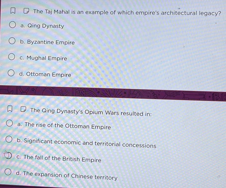 Solved: The Taj Mahal is an example of which empire's architectural ...