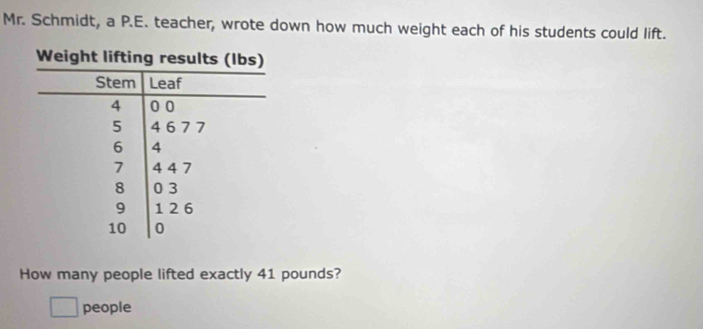 Mr. Schmidt, a P.E. teacher, wrote down how much weight each of his students could lift. 
How many people lifted exactly 41 pounds? 
people