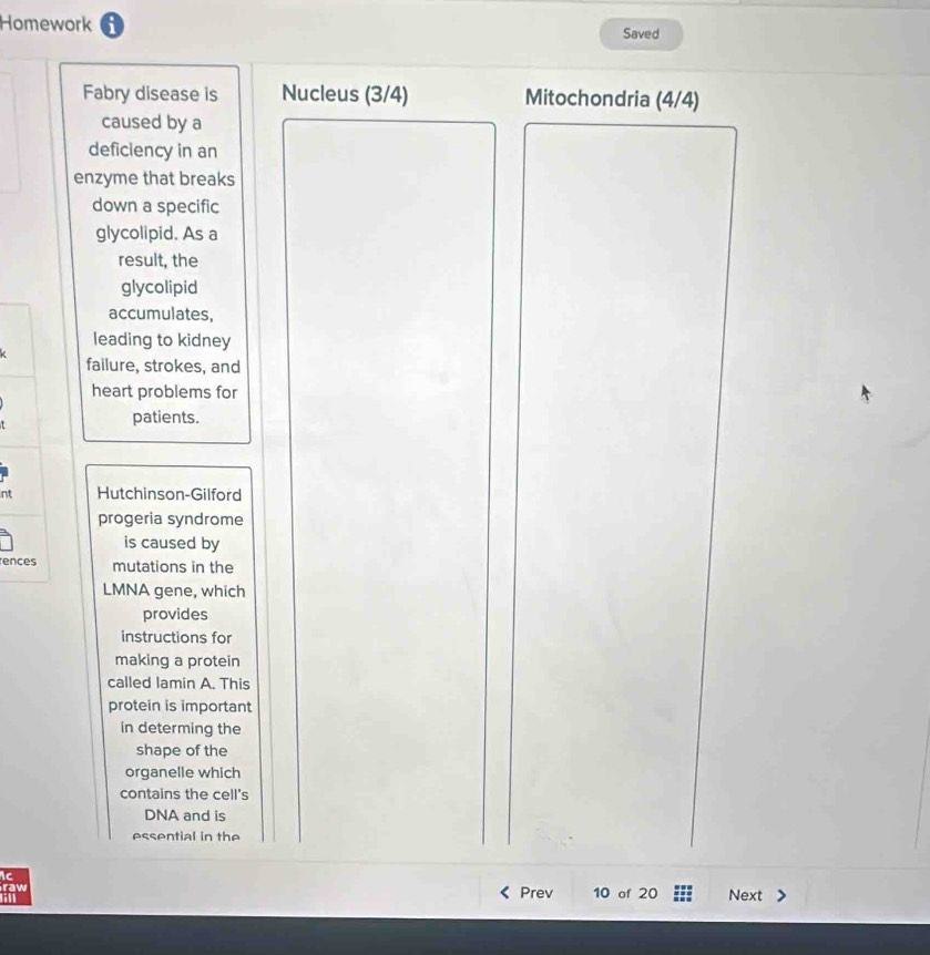 Homework i Saved 
Fabry disease is Nucleus (3/4) Mitochondria (4/4) 
caused by a 
deficiency in an 
enzyme that breaks 
down a specific 
glycolipid. As a 
result, the 
glycolipid 
accumulates, 
leading to kidney 
failure, strokes, and 
heart problems for 
patients. 
nt Hutchinson-Gilford 
progeria syndrome 
is caused by 
rences mutations in the 
LMNA gene, which 
provides 
instructions for 
making a protein 
called lamin A. This 
protein is important 
in determing the 
shape of the 
organelle which 
contains the cell's 
DNA and is 
essential in the 
Ic 
raw Prev 10 of 20 Next