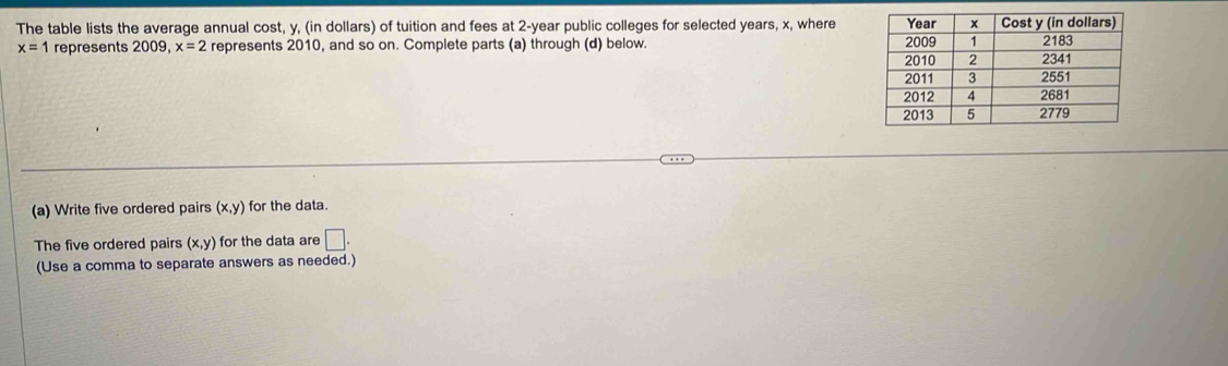 The table lists the average annual cost, y, (in dollars) of tuition and fees at 2-year public colleges for selected years, x, where
x=1 represents 2009, x=2 represents 2010, and so on. Complete parts (a) through (d) below. 
(a) Write five ordered pairs (x,y) for the data. 
The five ordered pairs (x,y) for the data are □ . 
(Use a comma to separate answers as needed.)