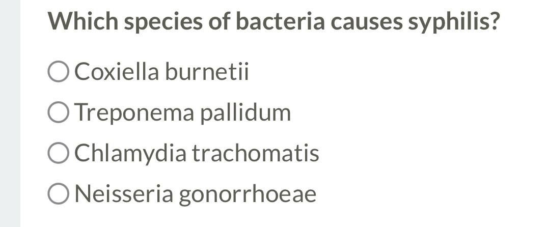 Which species of bacteria causes syphilis?
Coxiella burnetii
Treponema pallidum
Chlamydia trachomatis
Neisseria gonorrhoeae