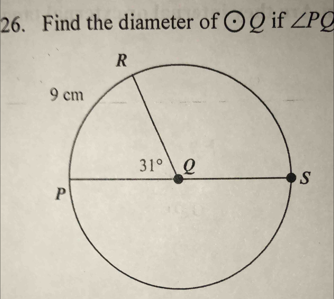 Find the diameter of odot Q if ∠ PQ