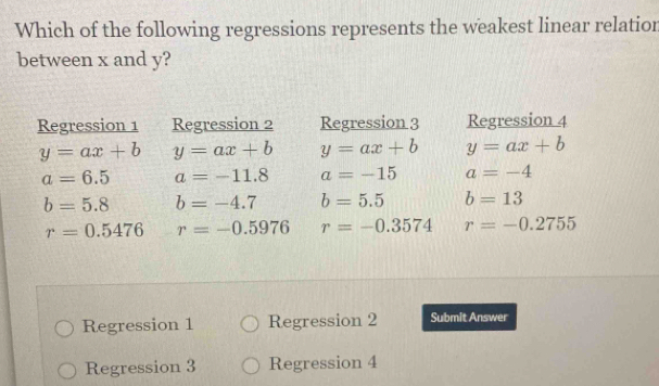 Which of the following regressions represents the weakest linear relation
between x and y?
Regression 1 Regression 2 Regression 3 Regression 4
y=ax+b y=ax+b y=ax+b y=ax+b
a=6.5 a=-11.8 a=-15 a=-4
b=5.8 b=-4.7 b=5.5 b=13
r=0.5476 r=-0.5976 r=-0.3574 r=-0.2755
Regression 1 Regression 2 Submit Answer
Regression 3 Regression 4