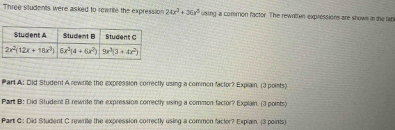 Three students were asked to rewrite the expression 24x^3+36x^5 using a ...