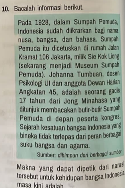 Bacalah informasi berikut. 
Pada 1928, dalam Sumpah Pemuda, 
Indonesia sudah diikrarkan bagi nama 
nusa, bangsa, dan bahasa. Sumpah 
Pemuda itu dicetuskan di rumah Jalan 
Kramat 106 Jakarta, milik Sie Kok Liong 
(sekarang menjadi Museum Sumpah 
Pemuda). Johanna Tumbuan, dosen 
Psikologi UI dan anggota Dewan Harian 
Angkatan 45, adalah seorang gadis
17 tahun dari Jong Minahasa yang 
ditunjuk membacakan butir-butir Sumpah 
Pemuda di depan peserta kongres. 
Sejarah kesatuan bangsa Indonesia yang 
bineka tidak terlepas dari peran berbagai 
suku bangsa dan agama. 
Sumber: dihimpun dari berbagai sumber 
Makna yang dapat dipetik dari naras 
tersebut untuk kehidupan bangsa Indonesia 
masa kini adalah