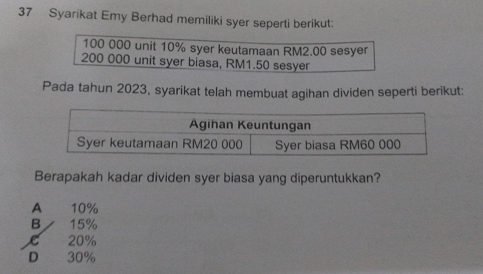 Syarikat Emy Berhad memiliki syer seperti berikut:
100 000 unit 10% syer keutamaan RM2.00 sesyer
200 000 unit syer biasa, RM1.50 sesyer
Pada tahun 2023, syarikat telah membuat agihan dividen seperti berikut:
Berapakah kadar dividen syer biasa yang diperuntukkan?
A 10%
B 15%
20%
D 30%