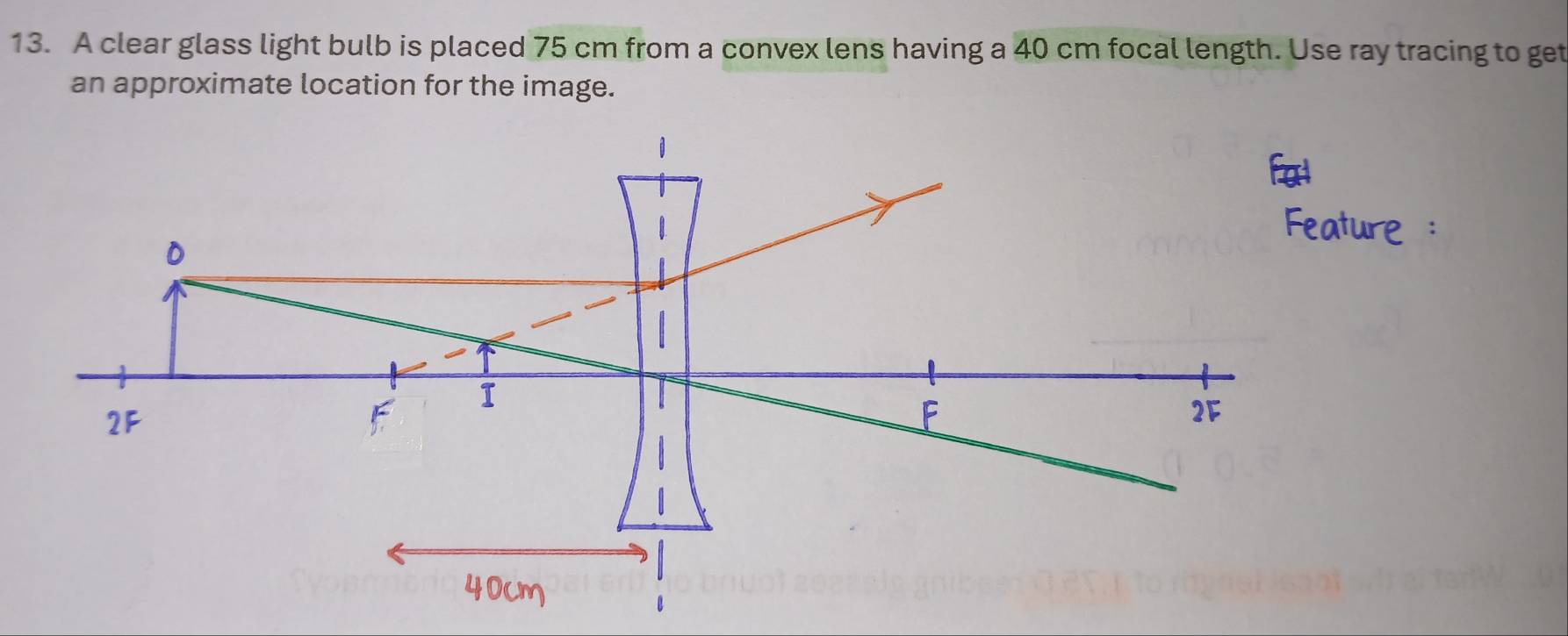 A clear glass light bulb is placed 75 cm from a convex lens having a 40 cm focal length. Use ray tracing to get 
an approximate location for the image.