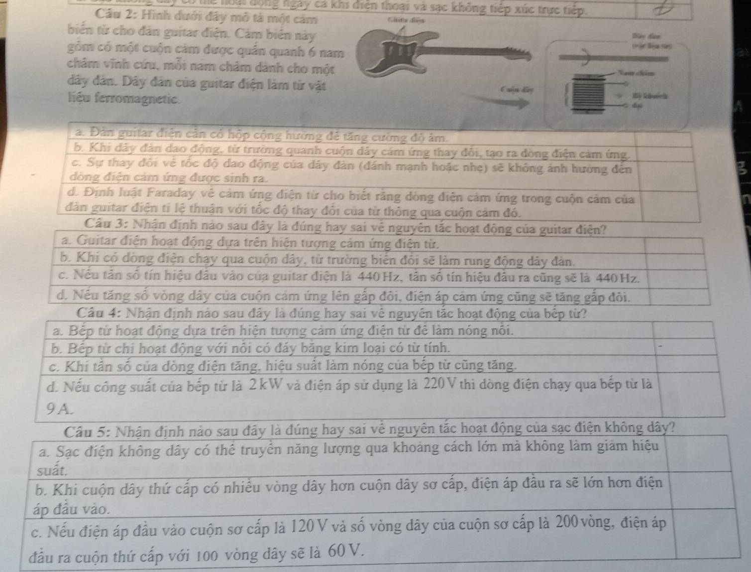 ấy có tể noại động ngày cả khi diện thoại và sạc không tiếp xúc trực tiếp.
Cầu 2: Hình dưới đây mô tả một cảm Ghita điệp
biến từ cho đân guitar điện. Cảm biển này Đữy dâm
gồm có một cuộn cảm được quần quanh 6 nam
châm vĩnh cứu, mỗi nam châm dành cho một Vam thém
dây dân. Dây dản của guitar điện làm từ vật
C aún dâg
liệu ferromagnetic.
dué A
a. Đàn guitar điện cần có hộp cộng hưởng đẻ tăng cường độ âm.
b. Khi dây đản dao động, từ trường quanh cuộn dây cảm ứng thay đổi, tạo ra dòng điện cảm ứng.
c. Sự thay đổi về tốc độ dao động của dây đàn (đánh mạnh hoặc nhẹ) sẽ khỏng ánh hưởng đến
g
đầu ra cuộn thứ cấp với 100 vòng dây sẽ là 60V.