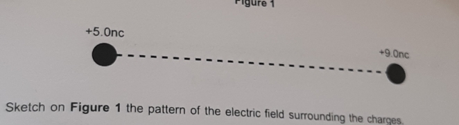 Pigüre 1
+5.0nc +9.0nc
Sketch on Figure 1 the pattern of the electric field surrounding the charges.