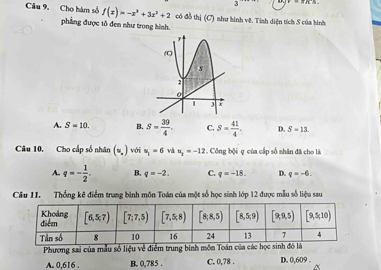 v=π Rh.
Câu 9. Cho hàm số f(x)=-x^3+3x^2+2 có đồ thị (C) như hình vẽ. Tính diện tích S của hình
phẳng được tô đen như trong hình.
A. S=10. B. S= 39/4 . C. S= 41/4 . D. S=13.
Câu 10. Cho cấp số nhân (u_n) với u_1=6 và u_2=-12. Công bội q của cấp số nhân đã cho là
A. q=- 1/2 . B. q=-2. C. q=-18. D. q=-6.
Câu 11. Thống kê điểm trung bình môn Toán của một số học sinh lớp 12 được mẫu số liệu sau
Phương sai của mẫu số liệu về điểm trung bình môn Toán của các học sinh đó
A. 0,616 . B. 0,785 . C. 0,78 . D. 0,609 .